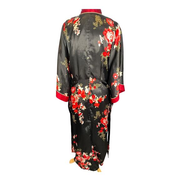 Jones New York Floral Satin Kimono Robe Black Red L/XL Belted Long Sleeve Silky - Picture 10 of 16